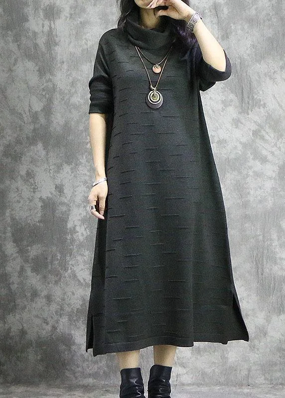 Oversized black Sweater dresses DIY high neck Ugly fall knitwear